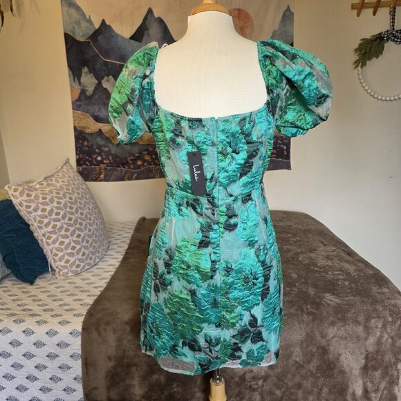 Lulus Luxe Direction Teal Green Floral Jacquard Puff Sleeve Mini Dress XL NWT - Picture 15 of 16